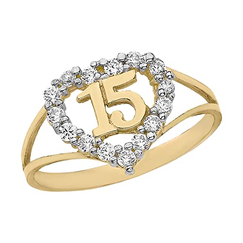 Quinceanera Jewelry 10K Yellow Gold Cubic Zirconia ‘15’ Fifteen Heart Ring, Available in Sizes 4-12