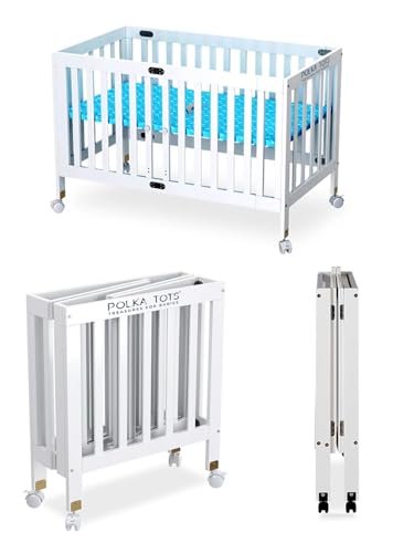 Image of POLKA TOTS Portable & Adjustable Cot for Baby | Wooden Folding Baby Bed with Lockable Wheels | Crib for 0 to 6 Years Infants with 3 Height Settings | Durable Material & Breathable Sides (Up to 28 kgs)