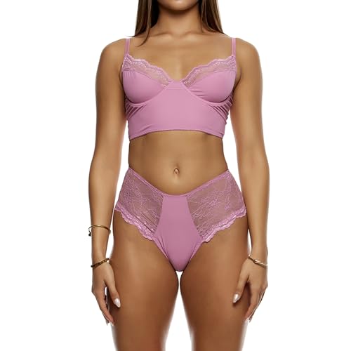 Soutien-gorge long en dentelle côtelée mauve, lingerie de soin raffinée