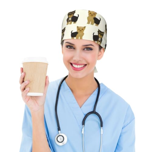 Image of Cute Pug Dog Print Working Cap Scrub Cap with Sweatband,Adjustable Fashion Bandage Tie Back Hat Headwear for Women Men