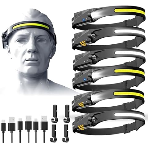 Rechargeable Headlamp 6 PCS, 230°Beam Headlamp for Adults, 6 Mode Camping Headlamp & Spotlight, Motion Sensor, Lightweight Headlights Flashlight for Hardhat, Running Cover