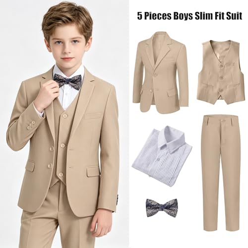 Image of Boys' Formal Suit 5 Piece Slim Fit Suits for Boy Kids Tuxedo Toddler Wedding Ring Bearer Outfit Teen Communion Dress