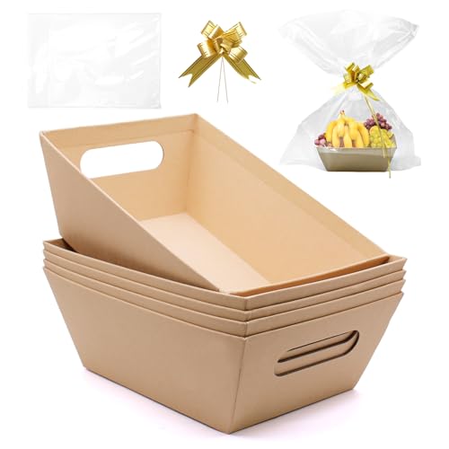 WYYFXY 5 Stück Präsentkorb Leer Geschenkkorb Papp mit Cellophantüten und Zugschleifen Korb Geschenk Umweltfreundlich Karton Korb für Geschenke Feiertage Geburtstage (Kraftpapier)