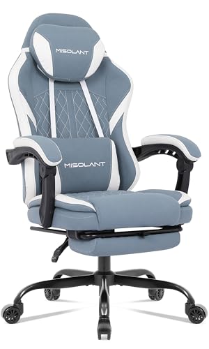 Image of Misolant Gaming Chair, Fabric Gamer Chair with footrest for Adults, High Back Ergonomic Computer Game Chair with Adjustable Headrest and Massage Lumbar Support, 90-155 Recline Free, Blue
