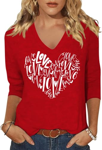 Image of Womens 3 /4 Sleeve V Neck Valentine T Shirts Love Heart Printed Graphic Tee Tops