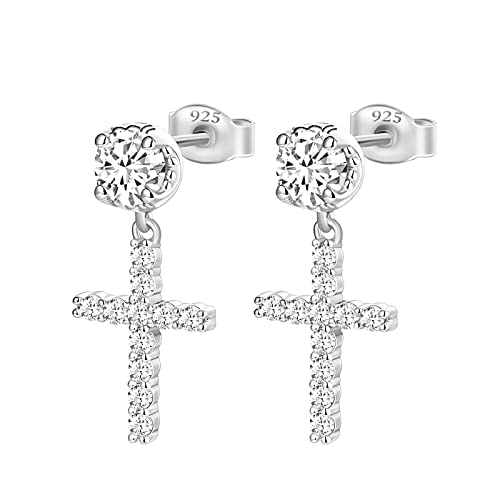 TRUMIUM Cross Earrings for Men Women 925 Sterling Silver Dangle Earrings Hypoallergenic Silver Gold Stud Cubic Zirconia
