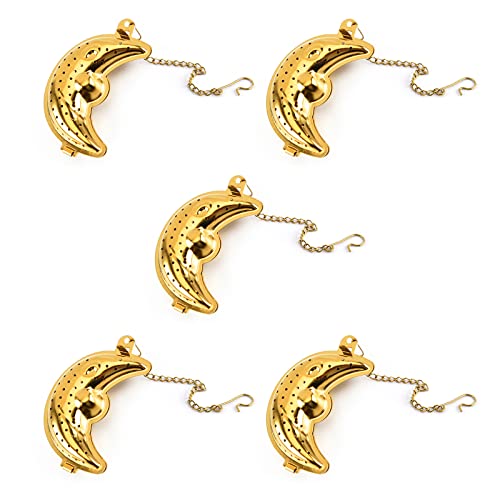 5Pcs Loose Leaf Tea Infusers, Gold Stainless Steel Tea Strainer, Reusable Tea Ball With Chain Hook, Fine Holes Tea Filters For Tea Steeper Flavoring Herbal Spices (Moon) #TOP14