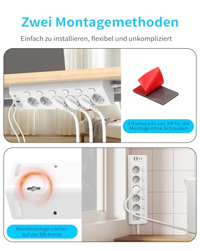 Inhwatek Eck Steckdosenleiste Überspannungsschutz mit USB C, 6 Fach Tischsteckdose Mehrfachsteckdose mit 2M Kabel (4000W,16A) Steckdosenleiste Wandmontage für Küchemit Heim Büro 5