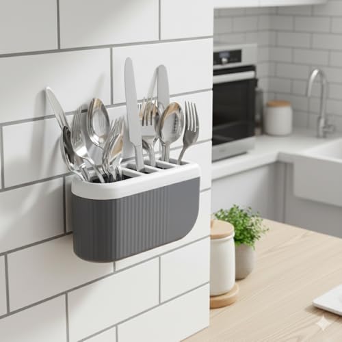 Image of ABS Plastic Multi Section Wall Mounted Self Draining Kitchen Organizer - Spoon,Knife,Fork,Chopstick, Cutlery Holder, Spoon Holder for Kitchen,Dining Table (4 Sections)