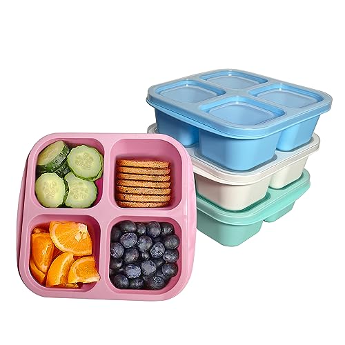 MEEYUU 4 Pack Snack Containers 4 Compartments Bento Snack Box Reusable Meal Prep Lunch Containers for Kids Adults Divided Food Storage Containers for School Work Travel (Green/Blue/Pink/White)