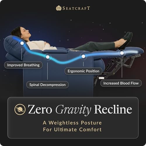 Image of Seatcraft Monterey Home Theater Seating Navy Blue Row of 4 | Italian Leather, Wall Hugger, Zero Gravity, Powered Headrest, Power Recline, Zero Gap, USB charging