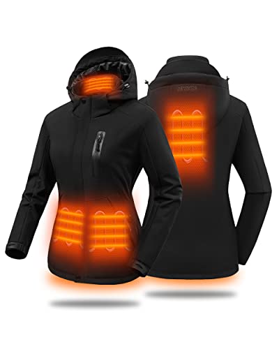 HEWINZE veste chauffante femme avec batterie incluse-Blouson Softshell femme hiver avec capuche pour L'hiver, la Chasse, L'extérieur, le Camping, Ski Équitation Cover