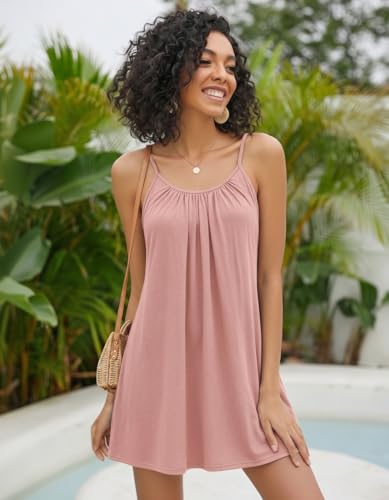 Ekouaer Womens Swimsuit Cover Up Spaghetti Straps Swim Dresses Beach Cover Ups Pleated Neck Bathing Suit Coverups Cream Pink — view 4