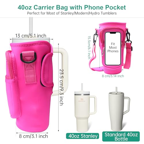 Image of Water Bottle Carrier Bag with Strap for Stanley Cup 40oz /30oz with Phone Pocket, Neoprene Cross-Body Insulated Water Bottle Holder for Tumbler with Handle, Stanley Cup Accessories, Hot Pink