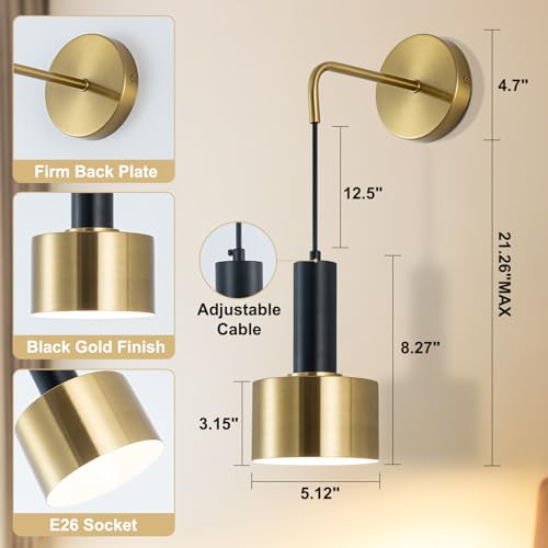 Image of Battery Operated Wall Sconces Set of 2, Matte Black and Gold Hardwired or Wireless Wall Lighting with Remote, Adjustable Cord Hanging Sconce Light Fixture for Bedroom Living Room, E26 Base
