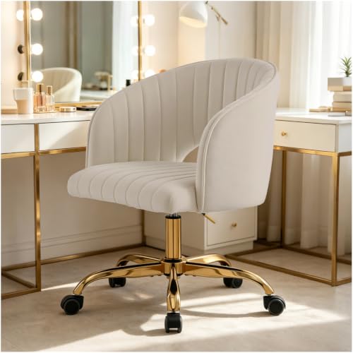 SUPPNEED Homeoffice Stuhl, Drehbar Bürostuhl Ergonomisch, Schreibtischstuhl Höhenverstellbar, Schminktisch Stuhl, Samt Drehstuhl Hochlehner, für Arbeitszimmer, Schlafzimmer(Cremefarben-Samt)