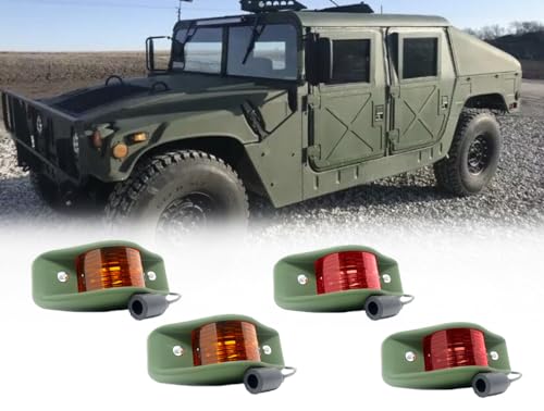 Side Marker Clearance Light, Set of 4 (2 Front + 2 Rear), Green Housing, Red and Amber Composit Lens, Bright LED 24V, Compatible with All Military Vehicles, Universal, Humvee M998, Hummer, H-1