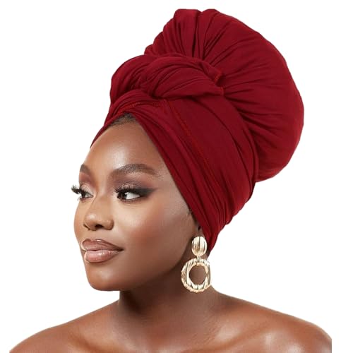 WOVOWOVO Head Wraps for Black Women Stretch Head Scarf Long African Hair Wraps, Red