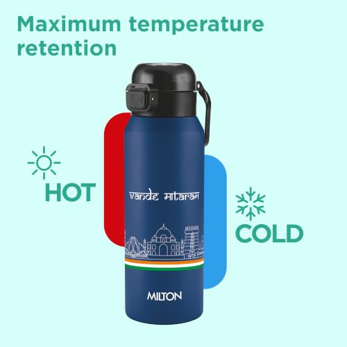 Image of Milton Dual Flow 600 Thermosteel Vande Mataram Water Bottle 595 ml, One Touch Safety Lock & Twin Lid Sip or Gulp,Long Hours Hot & Cold,Leak Proof,ISI Certified,Vacuum Insulated,Office,Gym,School,Blue
