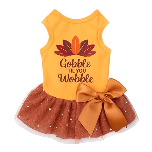 Fitwarm Gobble 'til You Wobble Dog Dress, Funny Thanksgiving Outfit for Small Dogs Girl, Festive Pet Clothes, Yellow, Orange, Small