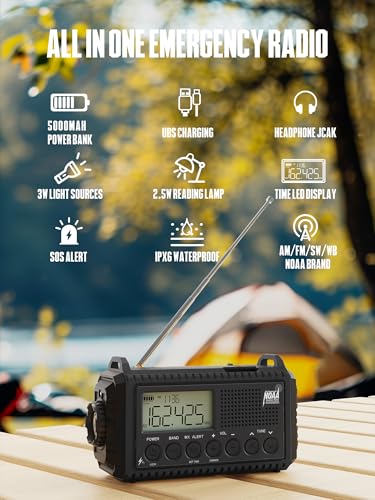 Rádio meteorológico de emergência AUTO NOAA, rádio de emergência com manivela solar de 18500 mWh, rá