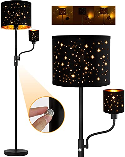 Image of Floor Lamp Black, Reading Standing Lamps for Living Room, 62" Tall Torchiere Lamp for Kids Room, 3-Way Switch, Star-Gold Lampshade, Modern Goth Decor for Bedroom/Office, Bulbs Not Included(E26 Base)