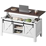 WLIVE 47.3' Farmhouse Lift Top Coffee Table with Sliding Barn Doors, Large Hidden Storage Compartment and Adjustable Shelf for Living Room,Office, White