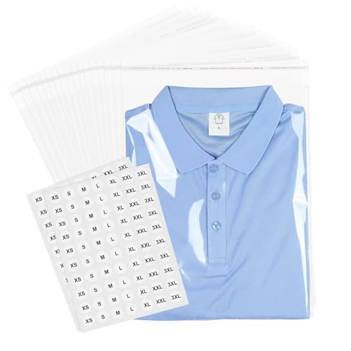 Drivtronyx 100 Pcs (10x14 Inch) Self Sealing Cellophane Bags Clear Resealable Poly Bags for Clothes Premium Shirt Packaging Bag with Clothing Size Stickers for Small Business