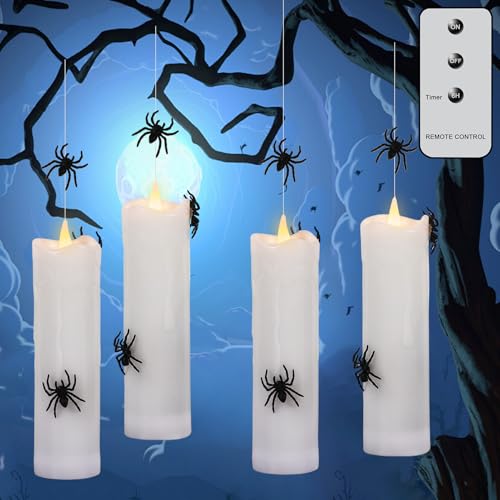 Image of Halloween Floating Candles Flameless with 3D Spider, Set of 4 Hanging Candles Floating with Fishing Line, Floating Candle with Remote, Halloween Candle with 3 Black Spider for Home Decor