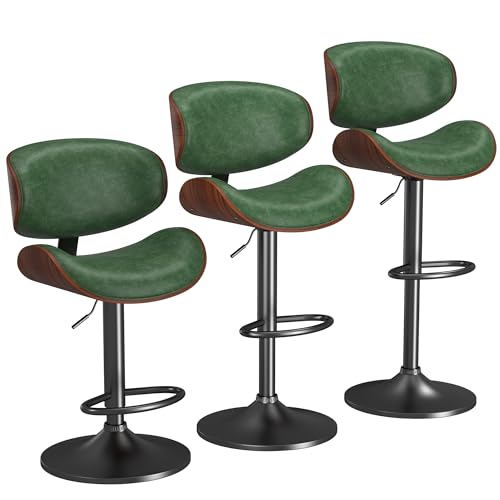 Image of YaFiti Bar Stools Set of 3, Bar Stools for Kitchen Island with Bentwood Back and Leather Seat, Swivel Bar Stools for Kitchen Counter, Bar, Green