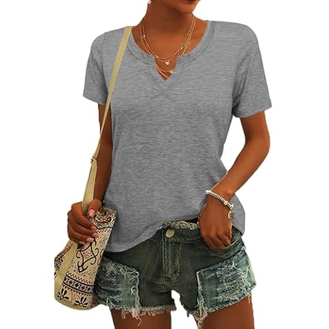 Womens Tops Short Sleeve T Shirts for Women Spring Summer Fashion Trendy Clothes Dressy Casual V Neck Blouses Cut Solid Work Business Tunics LightGray Small Cover