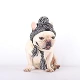 Haustier Pompom Strickmütze, FainFun Gestrickte Warm Winddicht Hundemütze, Winddichte Haustier Kopfbedeckung für Winter, Graue Gestrickte Hund Kappen, Flauschige Warme Hundehut mit Langem Zopf, S