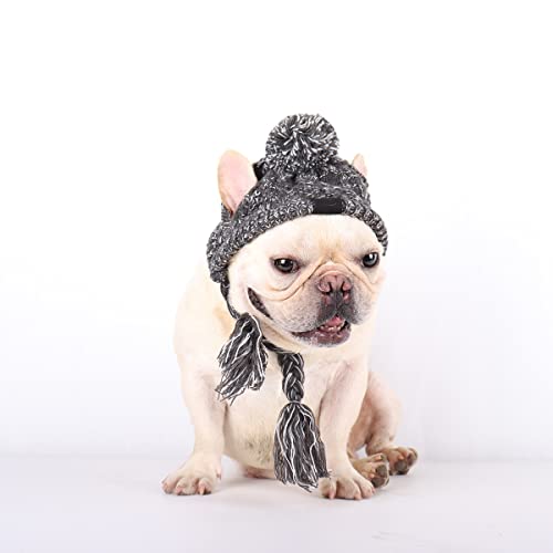 Haustier Pompom Strickmütze, FainFun Gestrickte Warm Winddicht Hundemütze, Winddichte Haustier Kopfbedeckung für Winter, Graue Gestrickte Hund Kappen, Flauschige Warme Hundehut mit Langem Zopf, S