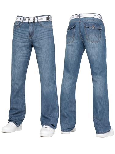 BRAND KRUZE Mens Bootcut Jeans Casual Flared Wide Leg Free Belt Stylish Fashion Denim Trouser Pants KZ115 Blue 34W / 32L