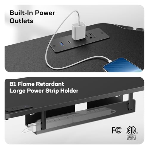 Image of HUANUO Electric L Shaped Standing Desk, 63 inch x 63 inch Height Adjustable Corner Standing Desk with Built-in Power Outlets & Power Strip Holder, Sit Stand Up Table with 4 Preset Heights, Black