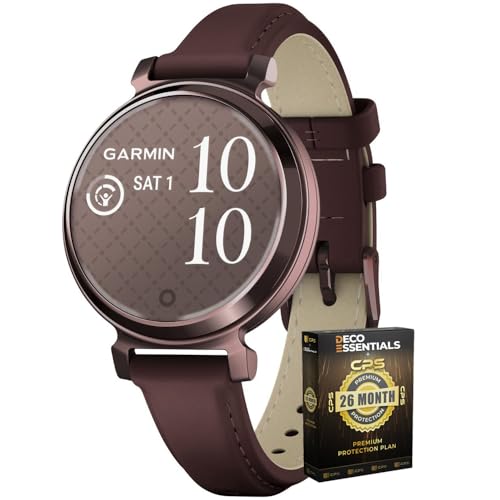 Garmin 010-02839-03 Lily 2 Classic Dark Bronze with Mulberry Leather Band Smartwatch | Official USA Partner Model | Bundle with Deco Essentials Exclusive 26 Month CPS Enhanced Protection Pack