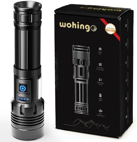 Flashlight Rechargeable 2000 High Lumens IPX6 Waterproof Super Bright Flashlight with 7 Modes & COB Side Light, Zoomable Brightest Flash Light for Camping Home Emergency