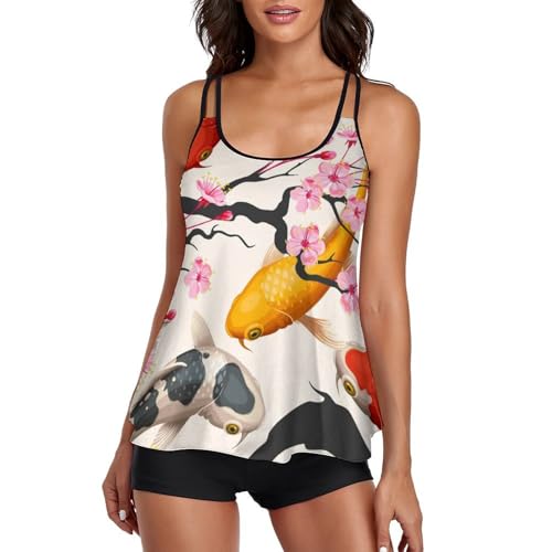 Robe de plage tankini avec imprimé fleur de poisson rouge et short de garçon intégré