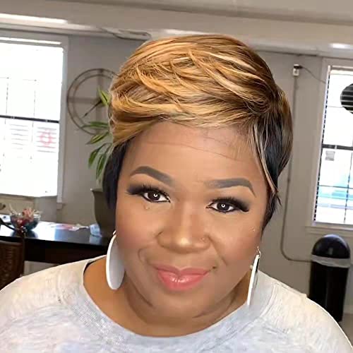 Leosa Short Bob Blonde Pixie Cut Wig With Bangs For Black Women,Pixie Cut Wigs Ombre Brown Mixed Black Highlight With Side Bangs Synthetic Pixie Wig Natural Bob Wig For Women #TOP3