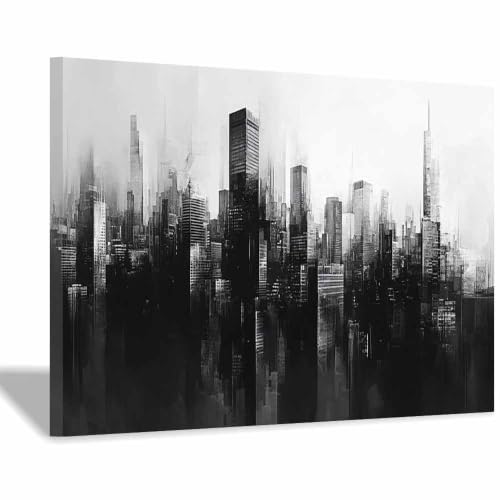 Tableau ville abstraite noire blanche toile grise décoration murale 50x70