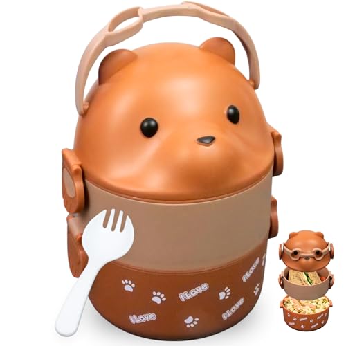 FRADABOX® Boîte à déjeuner pour enfant « Lou » 1200 ml, à 2 étages, avec couverts et compartiments, boîte à lunch mignonne, sans BPA, pour l'école et la crèche, pour enfants - Anti-fuite et passe au