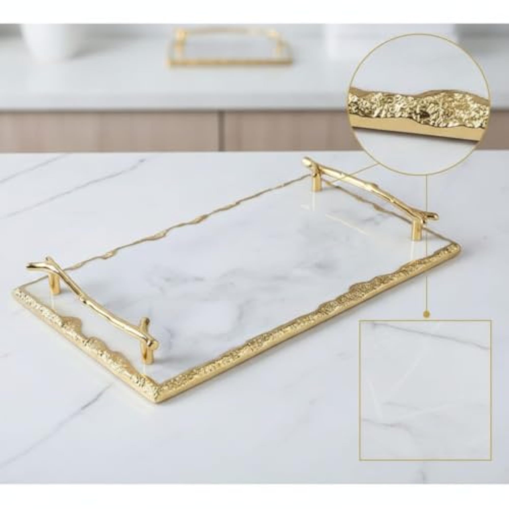 Elegant Marble Tray with Gold Handles, Decorative Rectangular