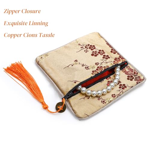 Image of ZOOFOX 30 Pieces Silk Jewelry Pouch, Brocade Embroidered Coin Purse with Zipper and Tassel, Small Gift Bags for Small for Jewelry Wedding Party Favor Chinese New Year Goodie Candy Bags