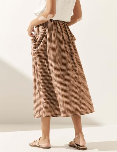 MISSACTIVER Plaid Skirts for Women Elastic Waist Midi Skirt with Pockets Vintage Flowy Gingham Long Skirt3