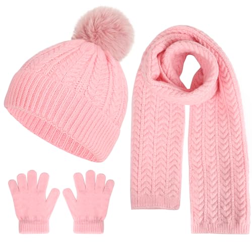 Kids Winter Beanie Hat Scarf Gloves Set, Toddler Winter Cap Knit Neck Warmer Gaiter Mittens for Children 2-8
