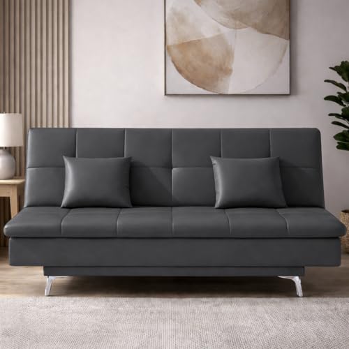 Image of Casaliving Danny 3 Seater Sofa Cum Bed Leatherette Fabric (Dark Grey) with Two Cushions Perfect for |Home Living |Office Room and Guest Room Premium Sofa
