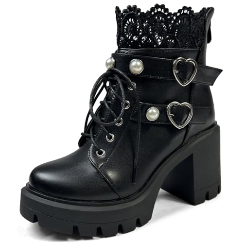 Image of FOREADA Goth Boots Chunky Heel Boot For Women Ankle Combat Booties Black Platform Bootie Buckle Rivets Punk Goth Shoes With Zipper