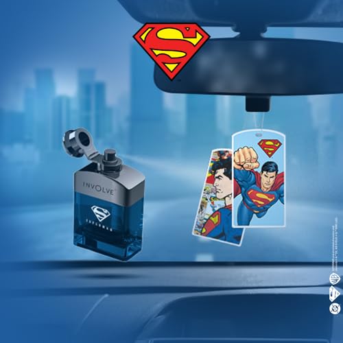Image of Involve Your Senses Superman Car Perfume Spray with 3 Hanging Cards | DC OFFICIAL MERCHANDISE from Warner Bros | Freshen Up Your Car with Strong Aquatic Notes - WBSPR03-50ml | Car Air Freshener
