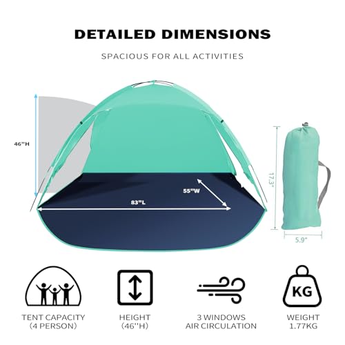 Outterra Beach Tent for 3-4 People, UPF50+ Sun Shelter with Breathable 3-Zipper Door Design, 8.0mm Reinforced Fiberglass Poles, Portable Shade Canopy for Beach & Camping (Green) - Image 4