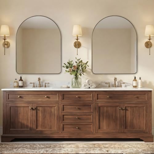 Image of ANDY STAR Arched Mirror, 28 x 36 Inch Brushed Gold Wall Mirror in Stainless Steel Metal Frame, Arch Top Rounded Corner 1 Inch Deep Set Design Wall Mount Hangs Vertical